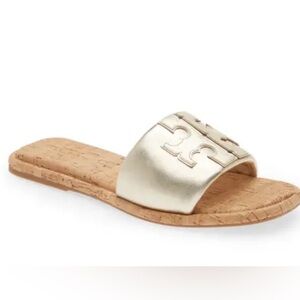 Tory Burch Women’s Leather Double T Sport Slide/Spark Gold/Cork - Size 7.5